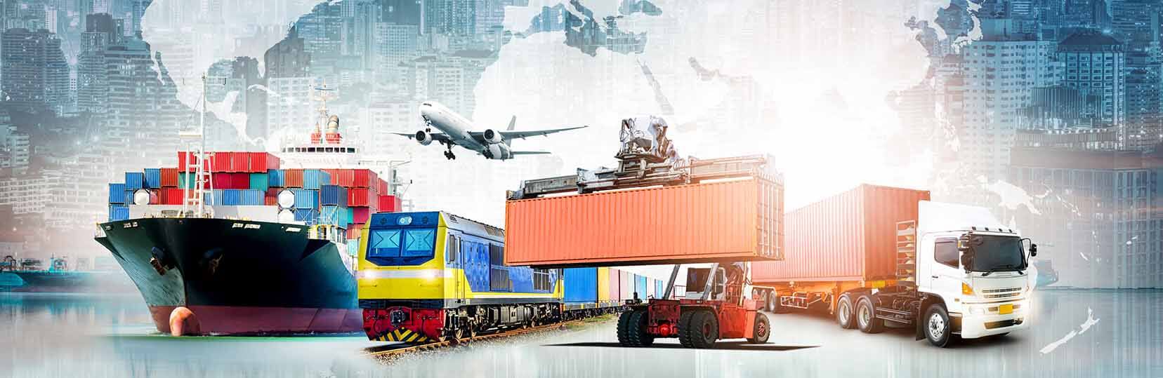 A poster with different kinds of carrier vehicles, such as cargo ship, train, plane, and trailers